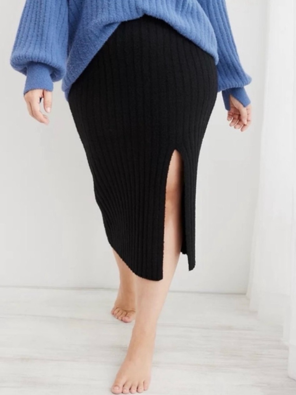 Aerie Black Ribbed Knit Sweater Midi Skirt